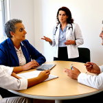 Mentorship and Consulting**
An experienced Portuguese nurse, in her late 50s or early 60s, dressed in smart casual attire, engaging in a lively discussion with a group of younger healthcare professionals in a modern, well-lit meeting room in Lisbon. The nurse exudes wisdom and confidence, gesturing subtly as she shares insights. The younger professionals are actively listening, some taking notes. The background shows a professional, contemporary Portuguese office aesthetic, suggesting collaboration and knowledge transfer. Realistic photo, natural lighting, high detail.

**