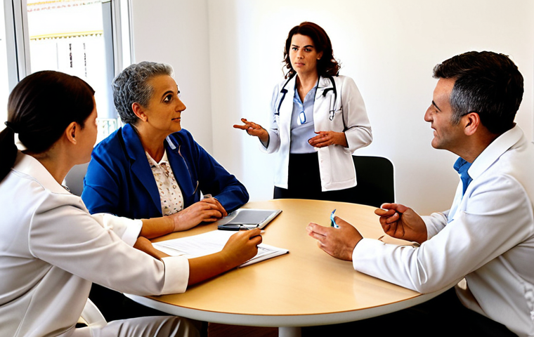 Mentorship and Consulting**
An experienced Portuguese nurse, in her late 50s or early 60s, dressed in smart casual attire, engaging in a lively discussion with a group of younger healthcare professionals in a modern, well-lit meeting room in Lisbon. The nurse exudes wisdom and confidence, gesturing subtly as she shares insights. The younger professionals are actively listening, some taking notes. The background shows a professional, contemporary Portuguese office aesthetic, suggesting collaboration and knowledge transfer. Realistic photo, natural lighting, high detail.
**
