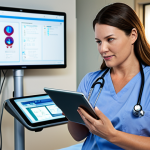 **Prompt 1: The Modern Nurse Embracing Digital Frontiers**
    A highly skilled and compassionate female nurse, in her early 30s, stands confidently in a modern, brightly lit hospital environment. She is surrounded by integrated healthcare technology, actively using a tablet for telemedicine consultations with a patient on screen, and digital monitors displaying real-time patient data. The scene should convey the dynamic integration of advanced technology with a humanized approach to patient care, emphasizing continuous learning and innovation in nursing. Include subtle elements like smart wearables on a patient or an AI-assisted diagnostic tool. Cinematic lighting, professional, realistic style.
