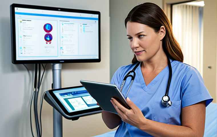 **Prompt 1: The Modern Nurse Embracing Digital Frontiers**
A highly skilled and compassionate female nurse, in her early 30s, stands confidently in a modern, brightly lit hospital environment. She is surrounded by integrated healthcare technology, actively using a tablet for telemedicine consultations with a patient on screen, and digital monitors displaying real-time patient data. The scene should convey the dynamic integration of advanced technology with a humanized approach to patient care, emphasizing continuous learning and innovation in nursing. Include subtle elements like smart wearables on a patient or an AI-assisted diagnostic tool. Cinematic lighting, professional, realistic style.