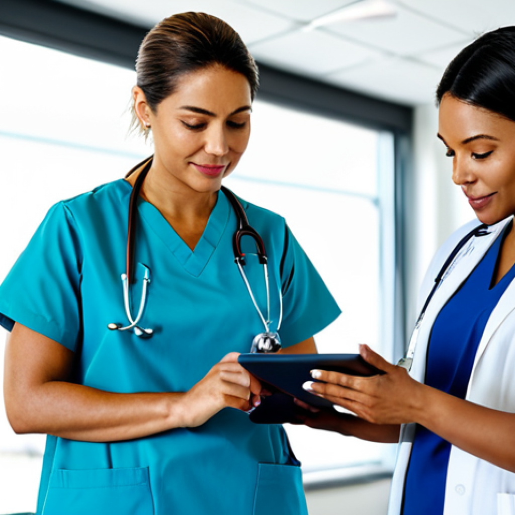 **
"A diverse team of fully clothed healthcare professionals (nurse, doctor, therapist) in a brightly lit, modern hospital room, collaboratively reviewing a patient's electronic health record on a tablet. Safe for work, appropriate content, professional environment, focused on teamwork and patient care. Perfect anatomy, correct proportions, well-formed hands, natural poses, modest clothing. High quality, professional photography."
**