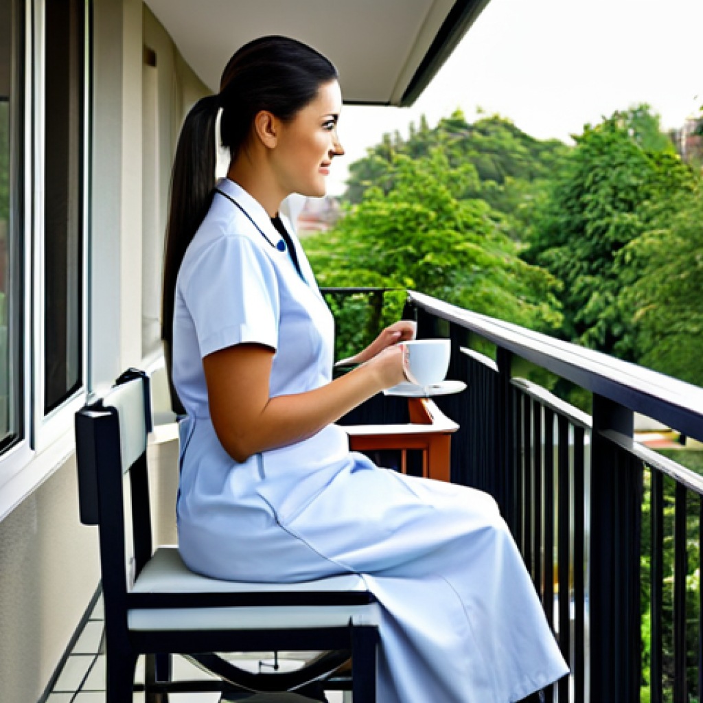 Peaceful Reflection**
"A fully clothed, professional nurse is sitting on a balcony with a cup of tea, observing a peaceful street scene, safe for work, appropriate content, modest attire, natural pose, perfect anatomy, high quality, professional, family-friendly."
**