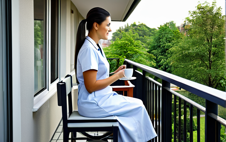 Peaceful Reflection**

"A fully clothed, professional nurse is sitting on a balcony with a cup of tea, observing a peaceful street scene, safe for work, appropriate content, modest attire, natural pose, perfect anatomy, high quality, professional, family-friendly."

**