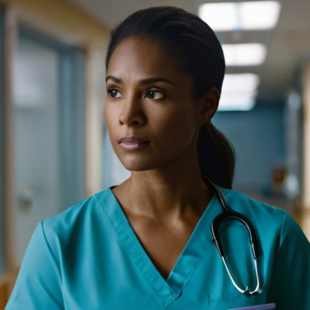 간호사 업무 중 발생하는 법적 문제 - **Prompt:** A thoughtful and resolute female nurse, in her late 30s, wearing clean, well-fitted prof...