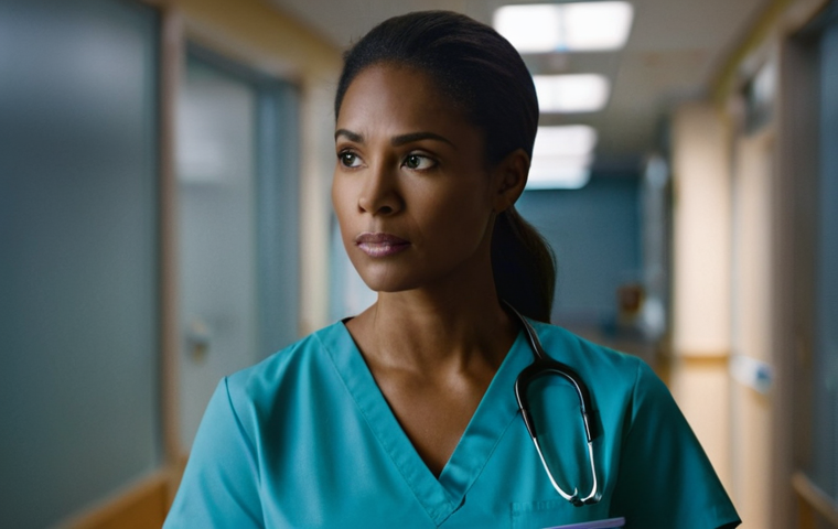 간호사 업무 중 발생하는 법적 문제 - **Prompt:** A thoughtful and resolute female nurse, in her late 30s, wearing clean, well-fitted prof...