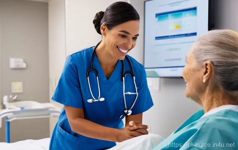 간호사 해외 직무 트렌드 - **Prompt:** A Portuguese female nurse in her early 30s, wearing crisp, modern blue scrubs, with her ...