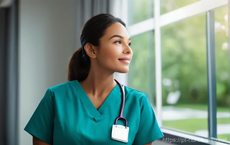 간호사의 근무 중 심리적 압박 해소법 - **Prompt:** "A female nurse, appearing to be in her late 20s to early 30s, takes a quiet moment for ...