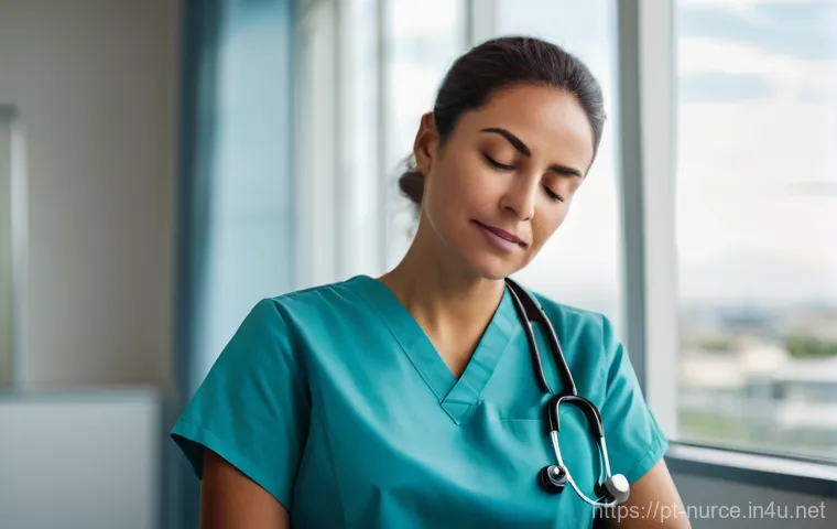 간호사의 멘탈 케어 팁 - Prompt 1: A Nurse's Moment of Respite Amidst Overwhelm**