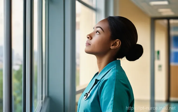 간호사의 병원 간 이동 절차 - **Prompt 1: The Contemplative Nurse**
A female nurse, appearing to be in her early 30s, wearing ...
