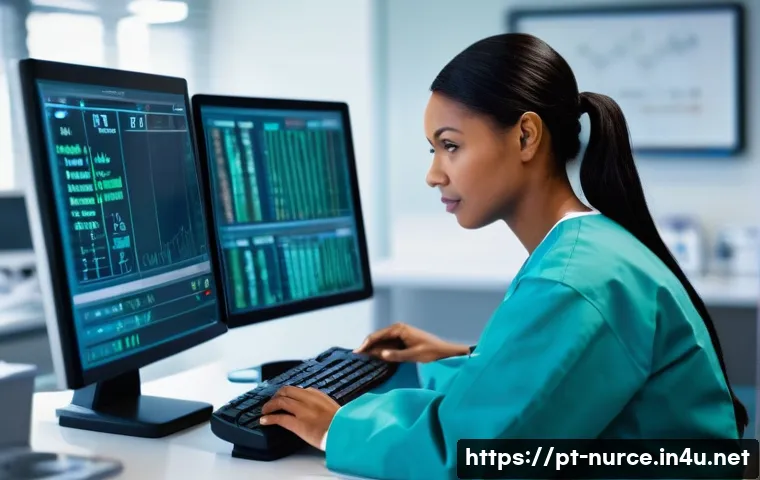 간호사의 환자 케이스 보고서 작성법 - **Prompt 1: Focused Nurse at EHR Station**
"A professional female nurse in her early 30s, with a...