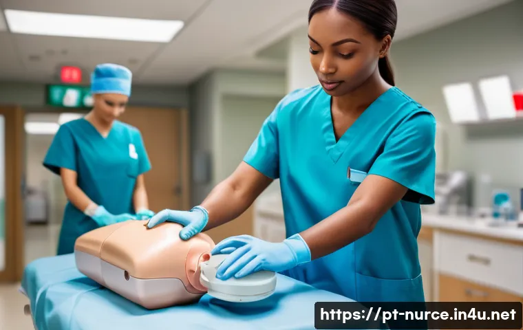 간호사의 심폐소생술 CPR 교육 - A professional nurse in a modern hospital emergency room performing high-quality CPR on an adult pat...