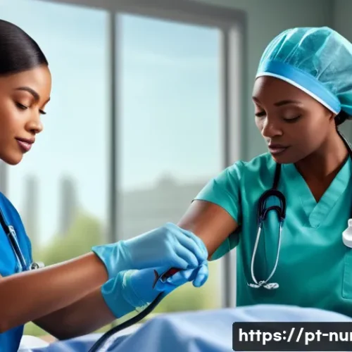 Home 29 간호사 필수 중점 과목 정리 - A detailed, realistic hospital scene showing a diverse group of nurses in modern scrubs performing c...