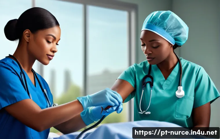 간호사 필수 중점 과목 정리 - A detailed, realistic hospital scene showing a diverse group of nurses in modern scrubs performing c...