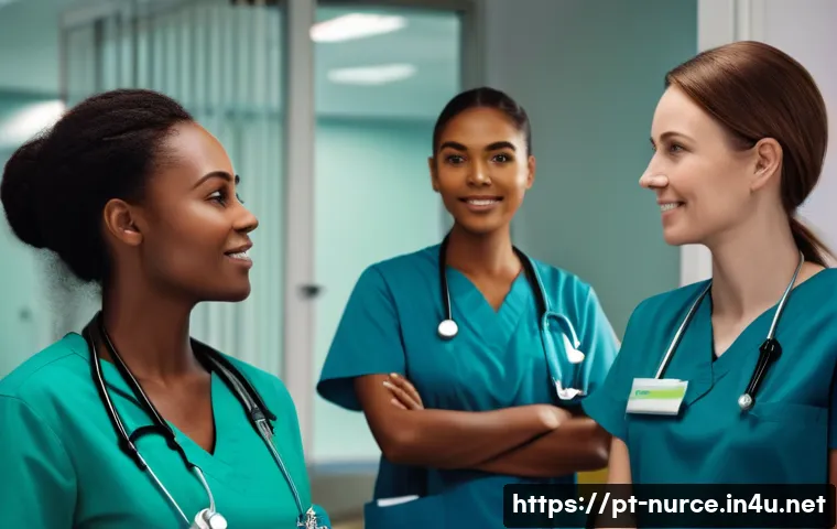 간호사 동료 간의 갈등 해결법 - A diverse team of nurses in a busy Brazilian hospital ward, showcasing a mix of personalities and co...