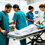 Home 15 응급실 간호사 업무 사례 - A busy emergency room scene in a modern Brazilian hospital, showing a diverse medical team including...