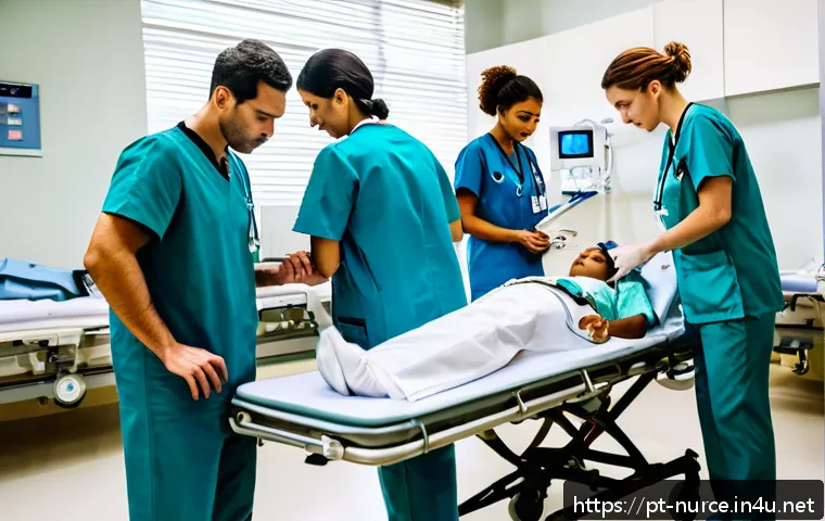 응급실 간호사 업무 사례 - A busy emergency room scene in a modern Brazilian hospital, showing a diverse medical team including...