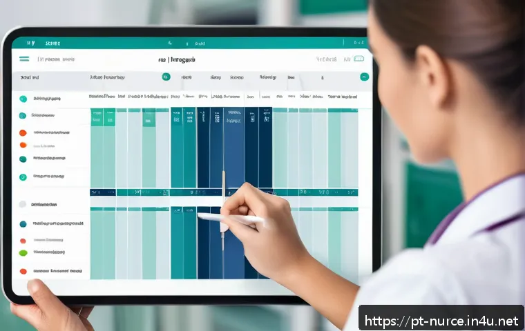 간호사 교대 근무 스케줄 관리 - A digital scheduling interface displayed on a tablet screen, showing a detailed nurse shift planner ...