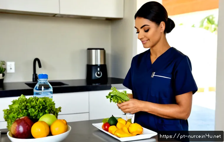 간호사의 건강 유지 비법 - Photorealistic Brazilian nurse in clean navy scrubs preparing a balanced healthy lunch with fresh fr...